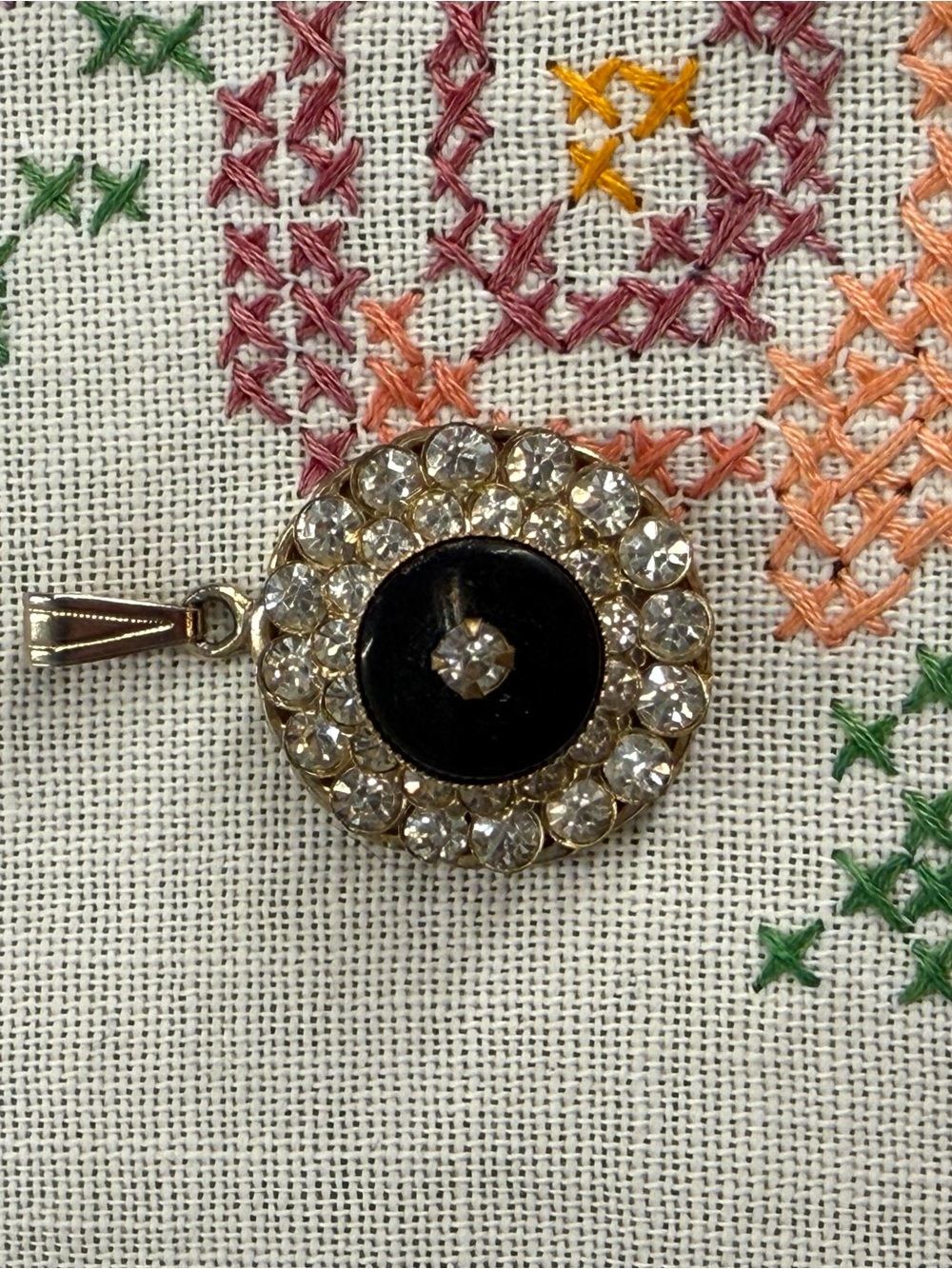 Vintage Gold Crystal and Black Enamel Round Pendant - Elegant Women’s Jewelry